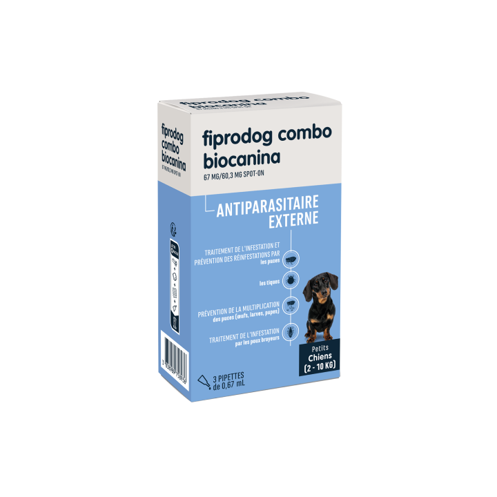 Fiprodog combo 67 mg/60,3 mg antiparasitaire externe petits chiens (2-10kg) Biocanina - boîte de 3 pipettes de 0,67ml