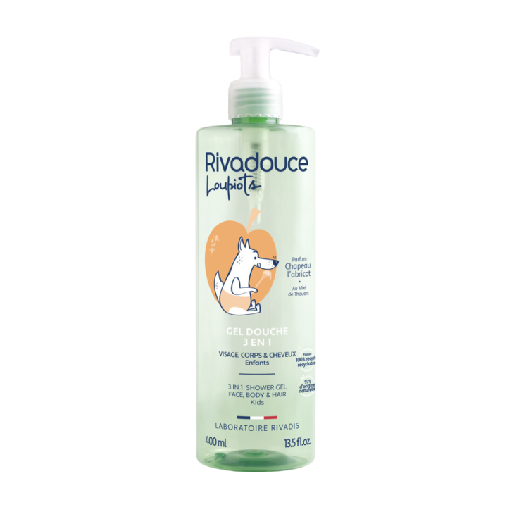 Gel douche 3 en 1 parfum Chapeau l'Abricot Rivadouce Loupiots - flacon-pompe de 400ml