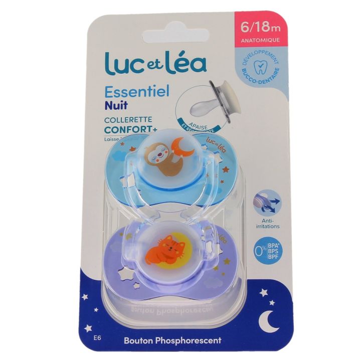 Essentiel nuit confort sucettes anatomiques 6/18mois Luc et Léa - lot de 2 sucettes