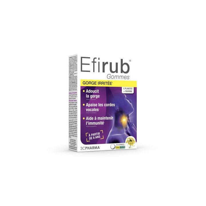 Efirub gommes gorge irritée citron menthol 3C Pharma - boîte de 24 gommes