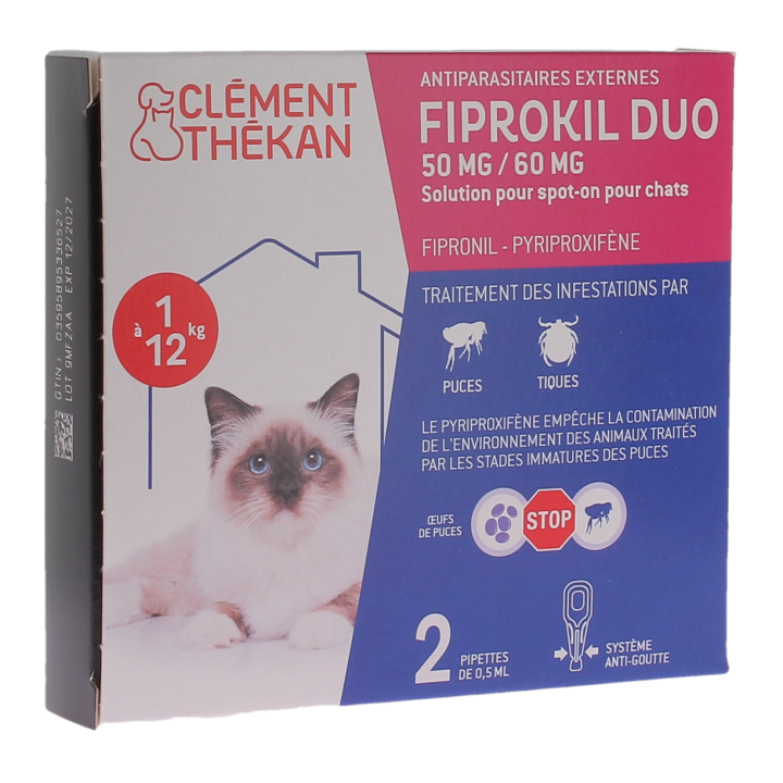 Fiprokil duo antiparasitaire chats 1 à 12kg 50/60mg Clément thékan - boite de 2 pipettes de 0,5ml