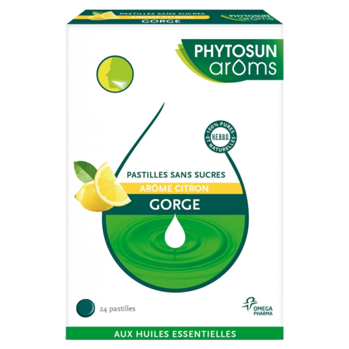 Pastilles sans sucres gorge arôme citron Phytosun Arôms - boite de 24 pastilles