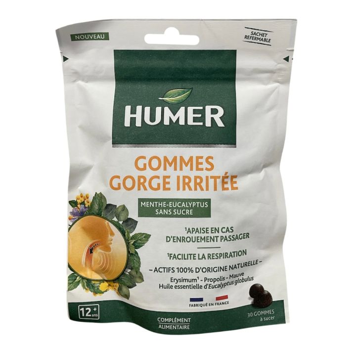 Gommes gorge irritée Menthe-eucalyptus sans sucre Humer - sachet de 30 gommes