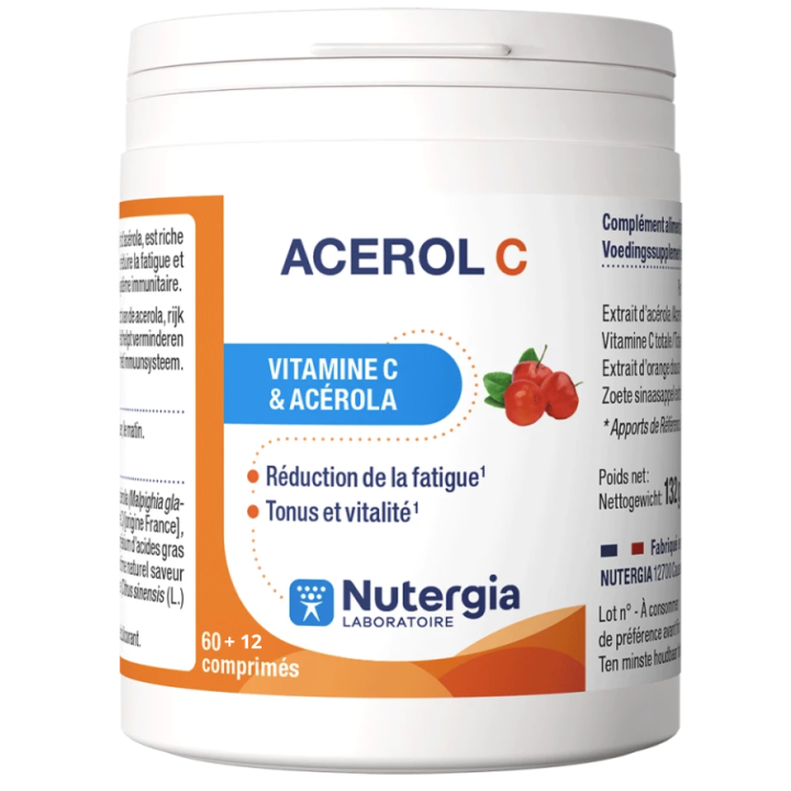 Acerol C vitamine C & acérola Nutergia - pot de 60+12 comprimés