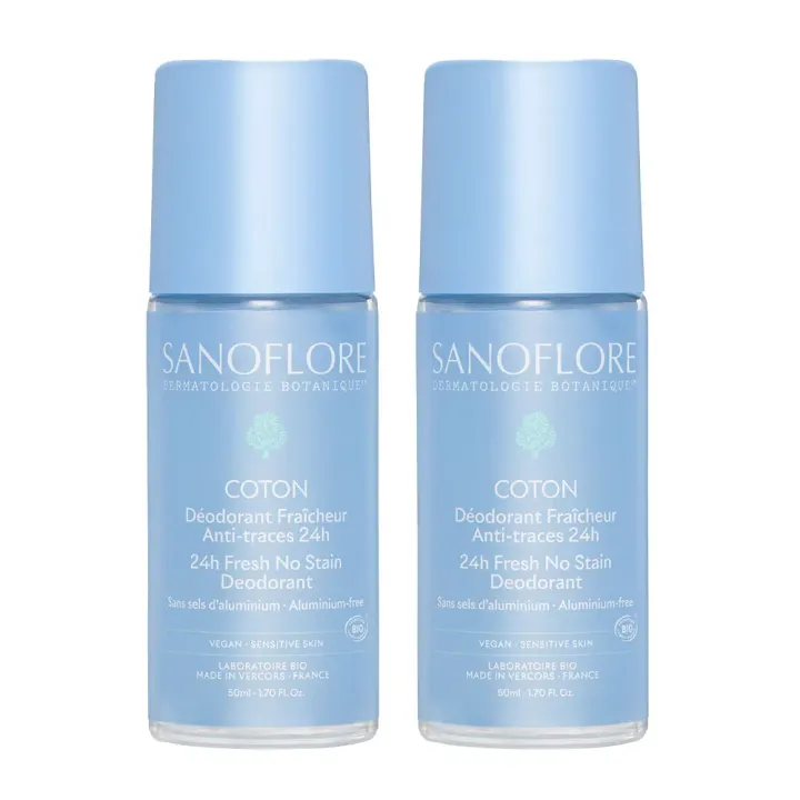 Déodorant fraîcheur coton anti-traces 24h bio Sanoflore - offre spéciale 2 roll-on de 50ml