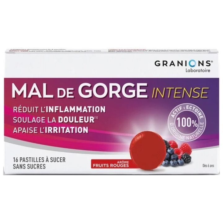 Pastilles mal de gorge intense goût fruits rouges Granions - boite de 16 pastilles à sucer