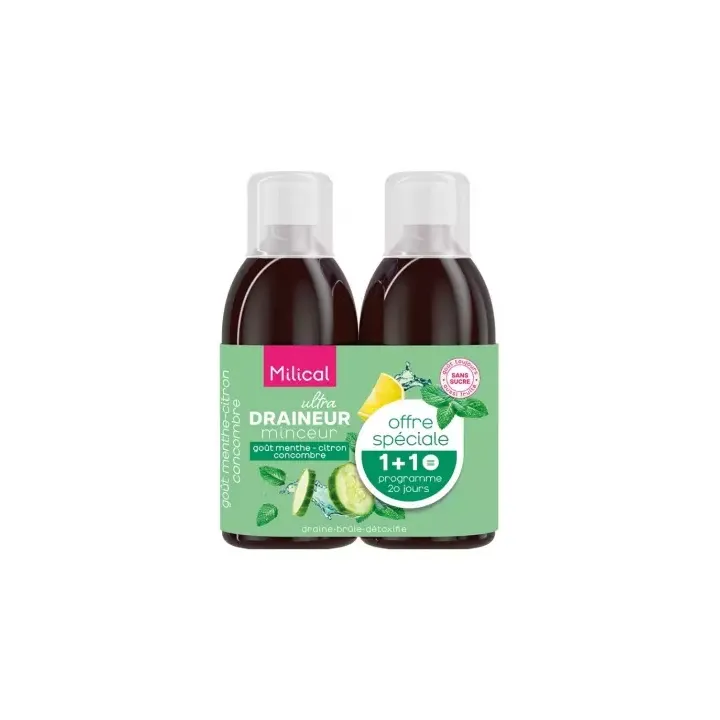 Draineur Ultra minceur menthe citron concombre Milical - lot de 2 flacons de 500ml