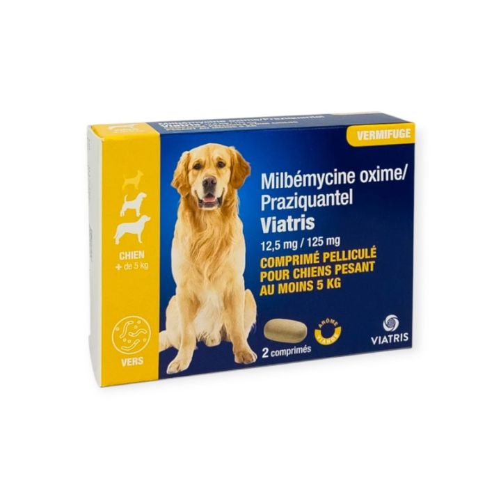 Milbémycine Praziquantel Vermifuge chien +5kg arôme viande Viatris - boite de 2 comprimés