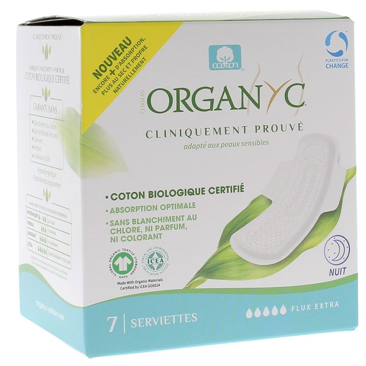 Serviettes hygiéniques nuit flux extra Organyc - boite de 7 serviettes