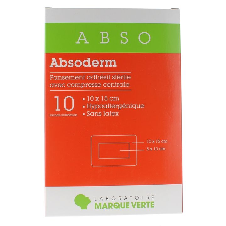 Absoderm Pansements adhésifs stériles avec compresse centrale 10x15cm Marque verte - boîte de 10 sachets individuels