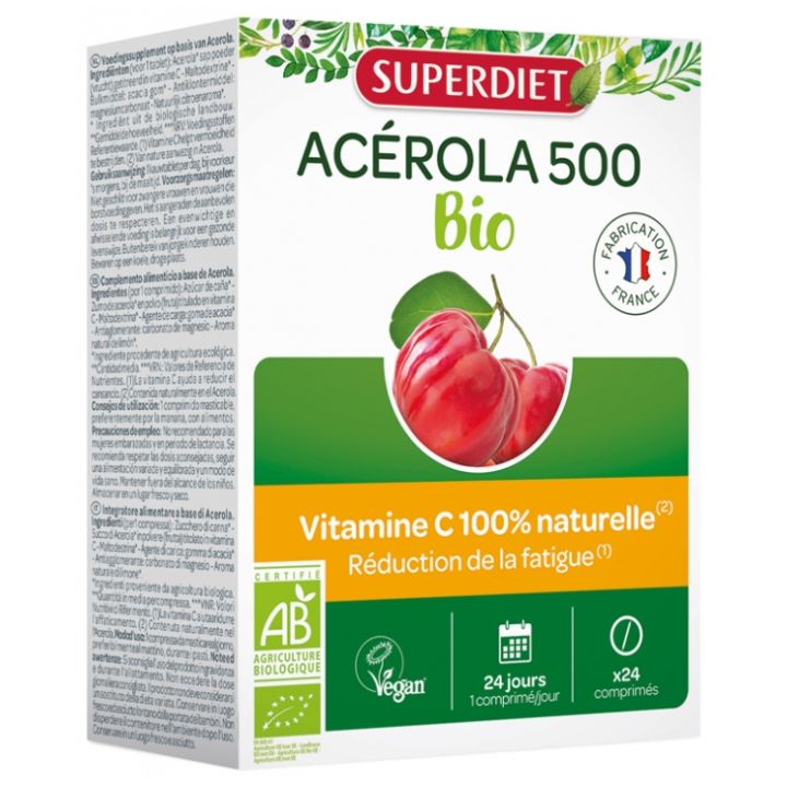 Acérola 500 bio SuperDiet - boîte de 24 comprimés