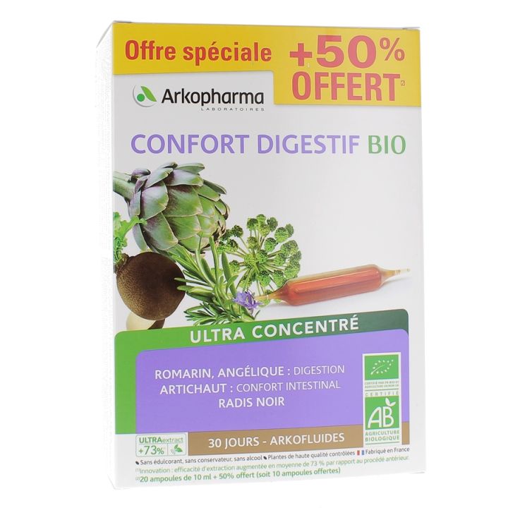 Arkofluides Confort Digestif bio Arkopharma - boîte de 20 ampoules + 10 offertes