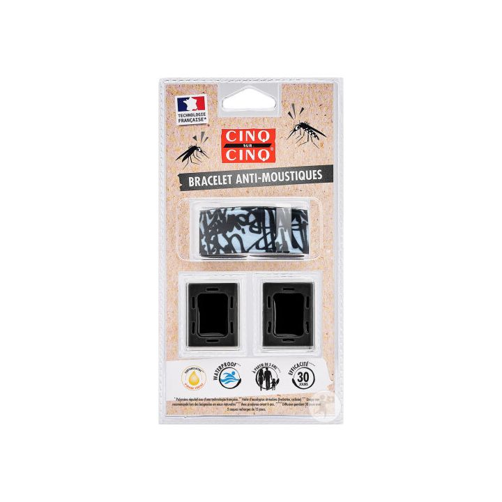 Bracelet anti-moustiques noir graffiti Cinq sur Cinq - un bracelet + 2 recharges