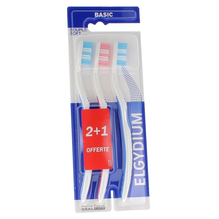 Brosses à dents souple basic elgydium Pierre Fabre - lot de 3 brosses à dents 2+1 offerte