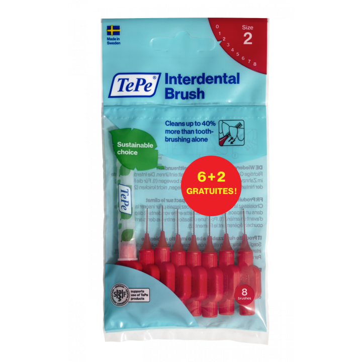 Brossettes interdentaires originales rouge taille 2 (0.5mm) TePe - 6 brossettes + 2 gratuites