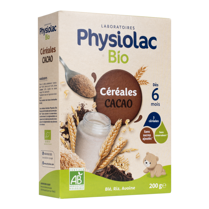 Physiolac Céréales bio cacao dès 6 mois Gilbert - boite de 200 g
