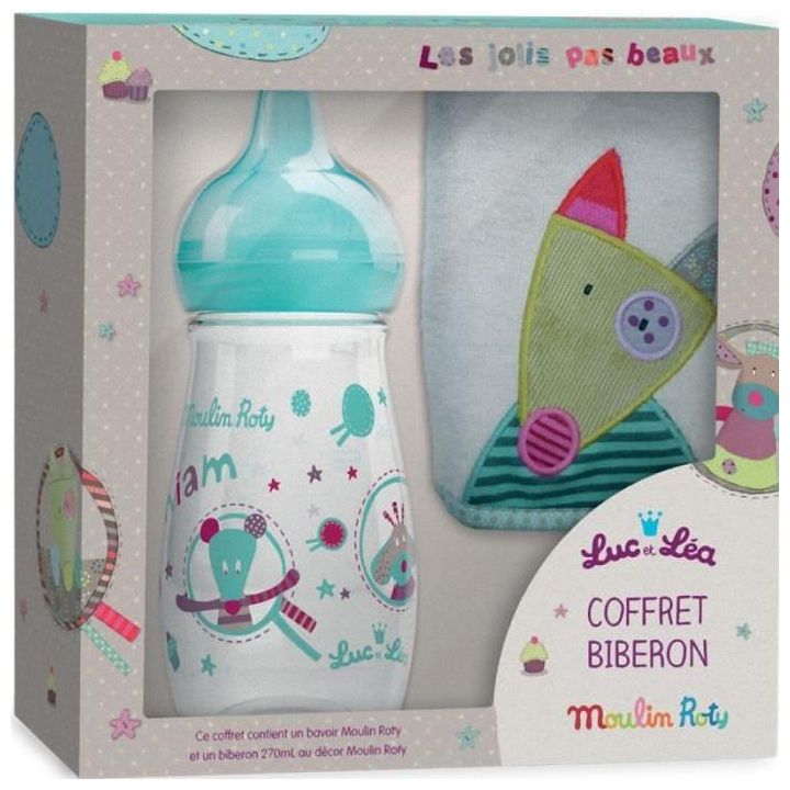 Coffret biberon Moulin Rotin Luc et Léa - 1 biberon de 270 ml + 1 bavoir