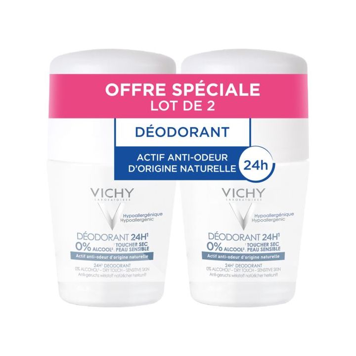 Déodorant 24h toucher sec peau sensible Vichy - lot de 2 roll-on bille de 50 ml