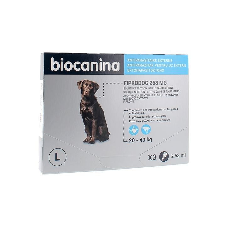 Fiprodog Spot on 268 mg grand chien 20-40 kg Biocanina - boîte de 3 pipettes