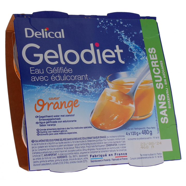 Gelodiet Eau gélifiée avec édulcorant saveur orange Delical - lot de 4 pots de 120g