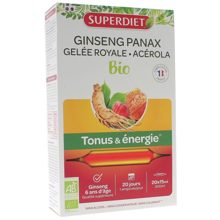 Ginseng panax gelée royale acérola bio Super Diet - boite de 20 ampoules de 15 ml