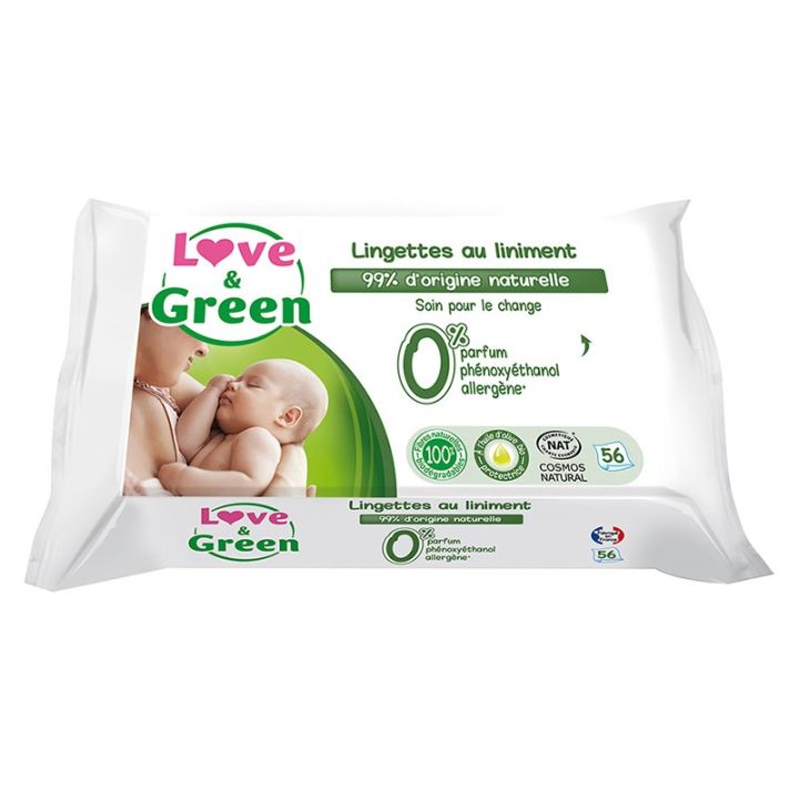 Lingettes au liniment spécial change bébé Love & Green - sachet de 56 lingettes