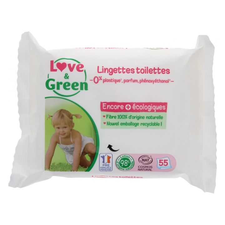 Lingettes toilettes sans parfum Love & Green - paquet de 55 lingettes