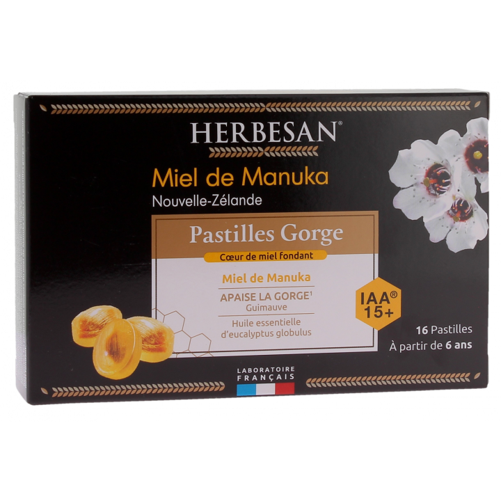 Pastilles gorge miel de manuka Herbesan - boite de 16 pastilles