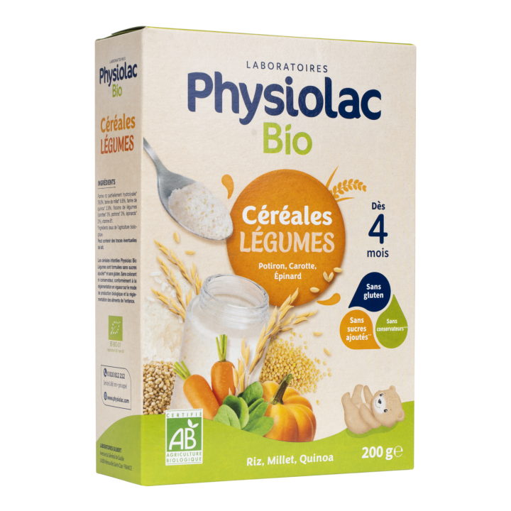 Physiolac Bio Céréales Légumes dès 4 mois Gilbert - boîte de 200 g
