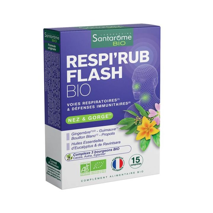 Respi'rub flash nez et gorge bio Santarome - boîte de 15 comprimés