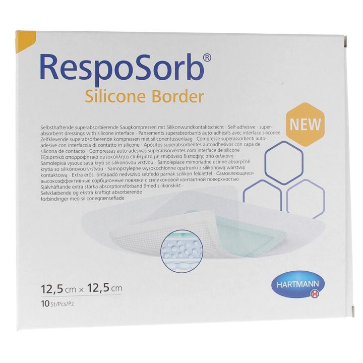 RespoSorb Silicone Border Pansements superabsorbants auto-adhésifs avec interface siliconée 12,5x12,5cm Hartmann - boîte de 10 pièces