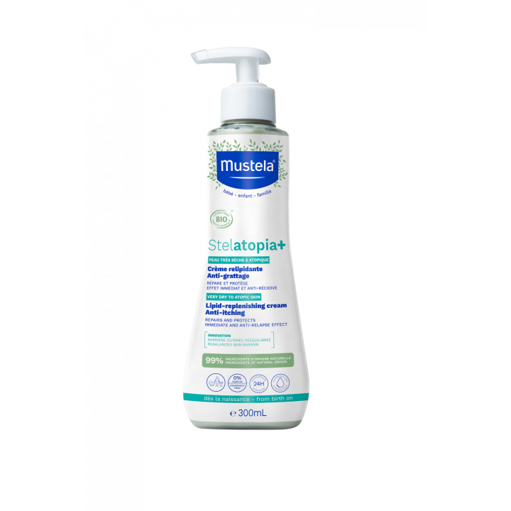 Stelatopia+ Crème relipidante anti-grattage bio Mustela - flacon-pompe de 300ml