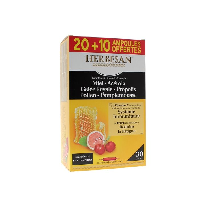 Système immunitaire réduction de la fatigue Herbesan - Boite de 20 ampoules + 10 offertes