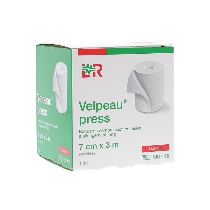 Velpeau Press Bande de compression cohésive à allongement long - boîte d'une bande blanche de 7x3cm