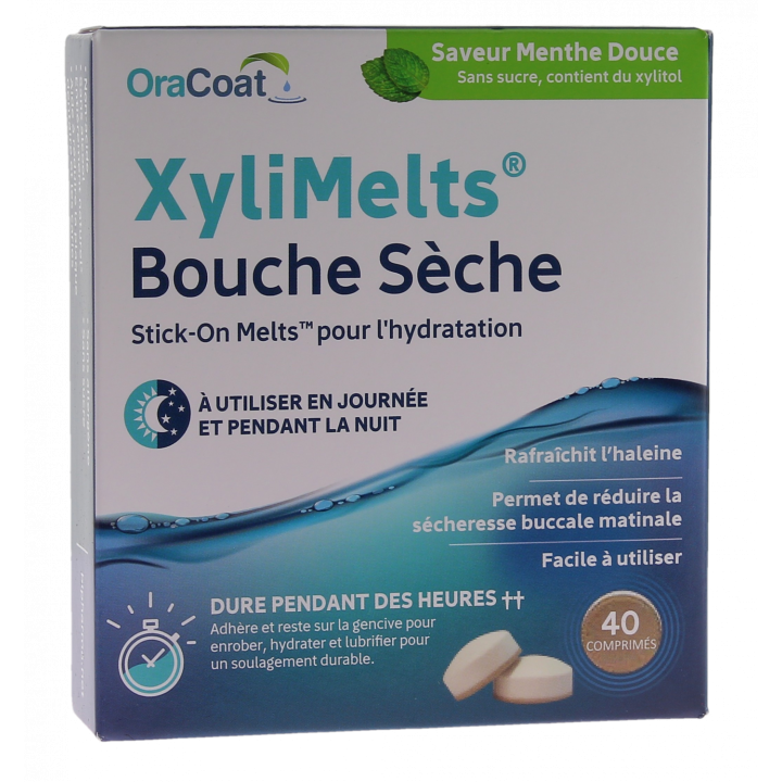 XyliMelts Pastille adhésive contre la bouche sèche saveur menthe douce - boîte de 40 comprimés