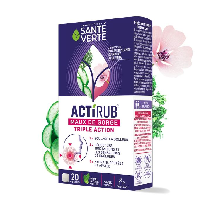 Actirub maux de gorge triple action Santé Verte - boite de 20 pastilles 