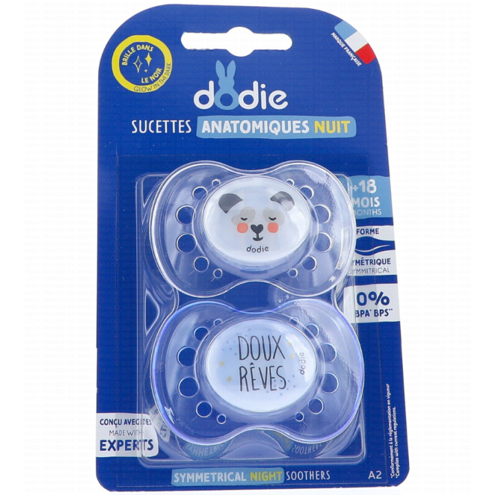 Sucettes anatomiques silicone nuit +18 mois bleu Dodie - 2 sucettes