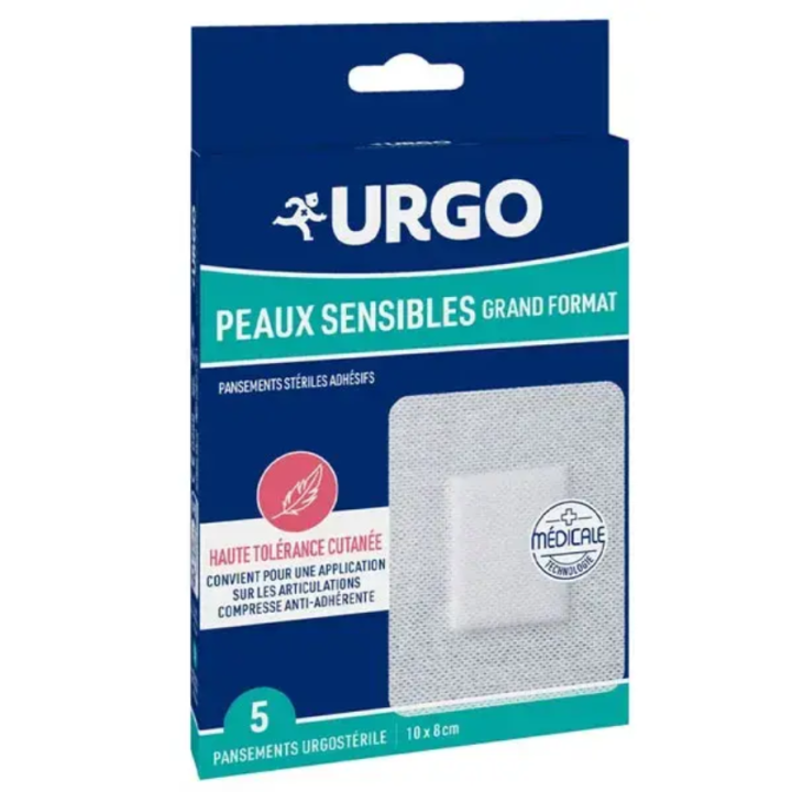 Pansements peaux sensibles grand format Urgo - boite de 5 pansements de 10x8cm