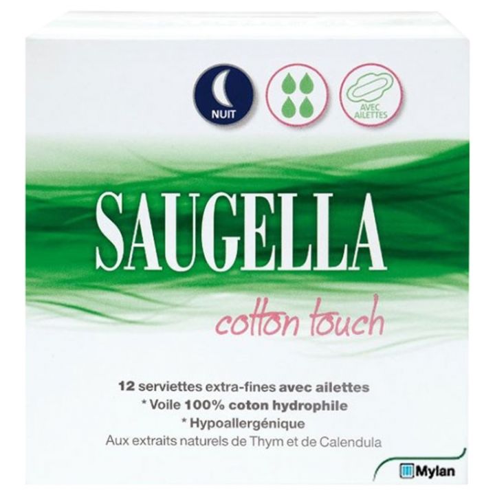 Cotton touch serviette extra-fine avec ailettes nuit Saugella - boite de 12 serviettes