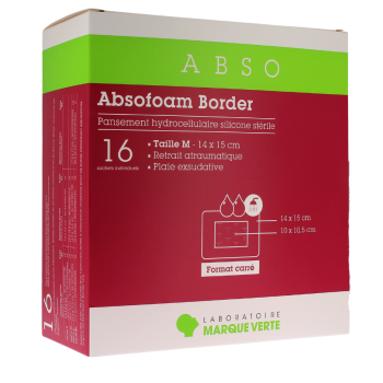 Absofoam border pansement hydrocellulaire silicone stérile taille M Marque verte - boîte de 16 pansements de 14 x 15cm
