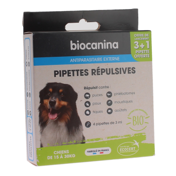 Pipettes répulsives pour chien de 15 à 30 kg Biocanina - boite de 3 pipettes de 3 ml + 1 offerte