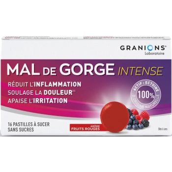Pastilles mal de gorge intense goût fruits rouges Granions - boite de 16 pastilles à sucer