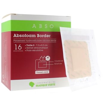 Absofoam Border Pansement Hydrocellulaire Marque Verte - boîte de 16 pansements de 7,5 x 8,5 cm