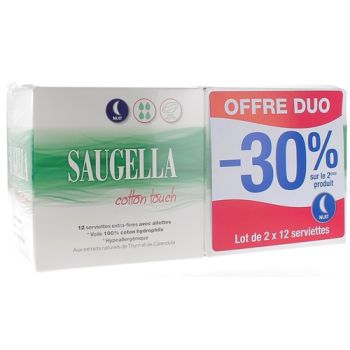 Cotton Touch Serviettes extra-fines avec ailettes nuit Saugella - lot de 2 boîtes de 12 serviettes