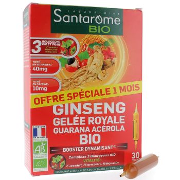 Ginseng gelée royale guarana acérola bio Santarome - boîte de 30 ampoules de 10ml