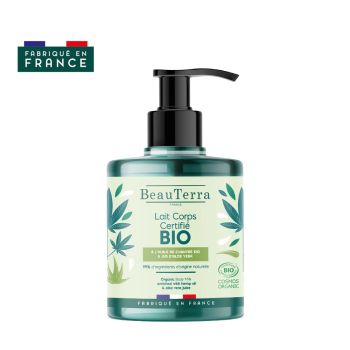 Lait corps bio à l'huile de chanvre et jus d'aloe vera Beauterra - flacon pompe de 500 ml