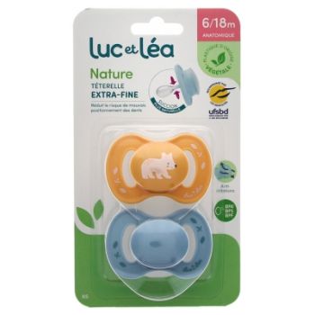 Nature sucettes anatomiques téterelle extra-fine 6-18 mois ours & bleu Luc et Léa - lot de 2 sucettes