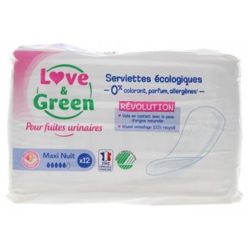 Serviettes écologiques fuites urinaires maxi nuit Love & Green - sachet de 12 serviettes