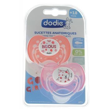 Sucettes anatomiques silicone 18 mois et + Go Girl Dodie - 2 sucettes