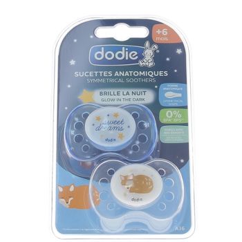 Sucettes anatomiques +6 mois spéciales nuit Dodie - lot de 2 sucettes